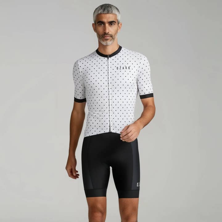 Ozark Cycling Men’s White Polka Dot Jersey – Performance Fit and Comfort with Four Pockets for wholesale by Urban Cycling Apparel