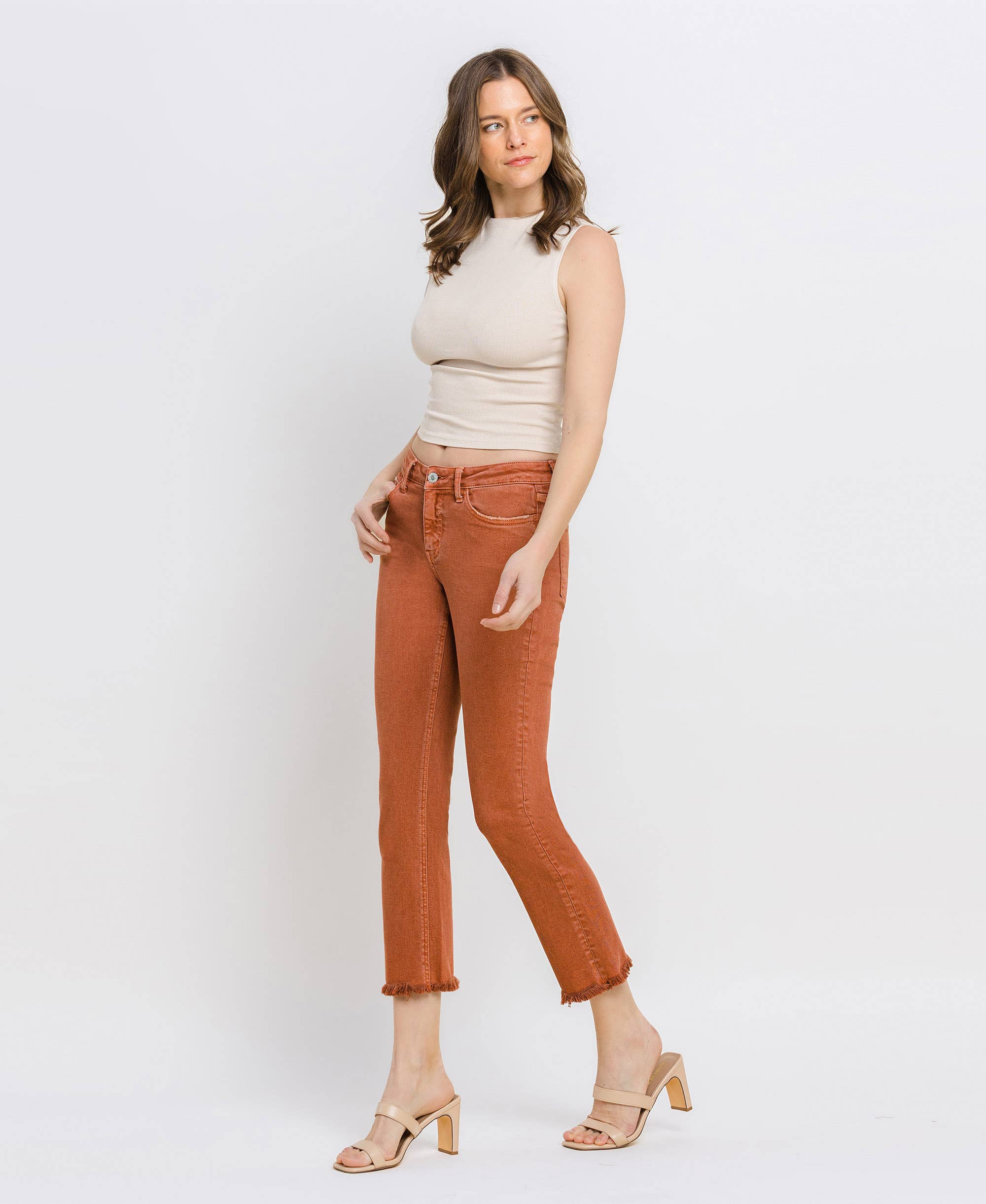 BAKED CLAY MID RISE FRAYED HEM CROP SLIM STRAIGHT JEANS V3500BKC for wholesale on Faire9