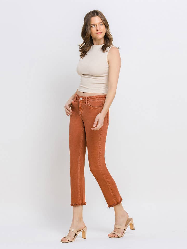 BAKED CLAY MID RISE FRAYED HEM CROP SLIM STRAIGHT JEANS V3500BKC for wholesale on Faire9