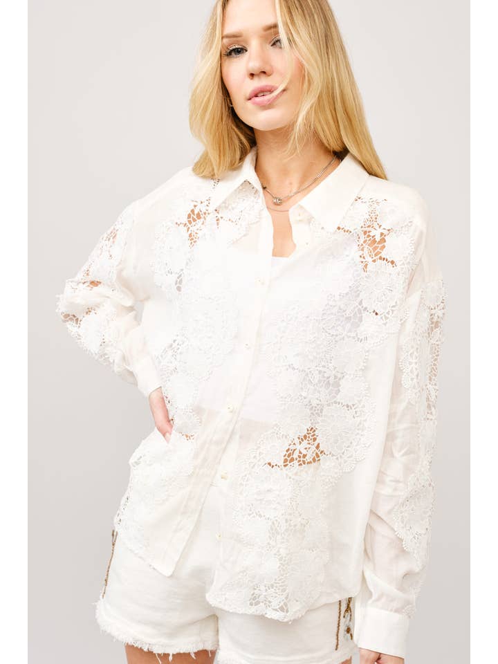 OFF WHITE 41001T - Crochet Lace Linen Blend Button-Up Blouse for wholesale on Faire1