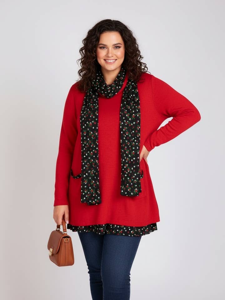 Stor röd tunika-tröja med matchande halsduk A628 för wholesale av Pomme Rouge Paris