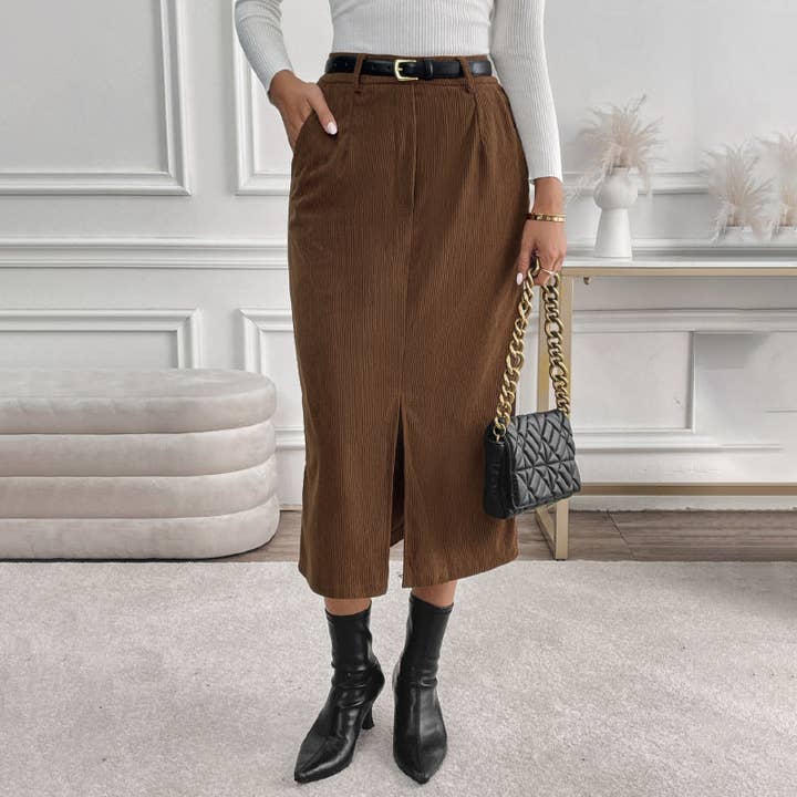Coffee Brown High Waist Corduroy Midi Skirt with Front Slit & Pockets for wholesale on Faire1