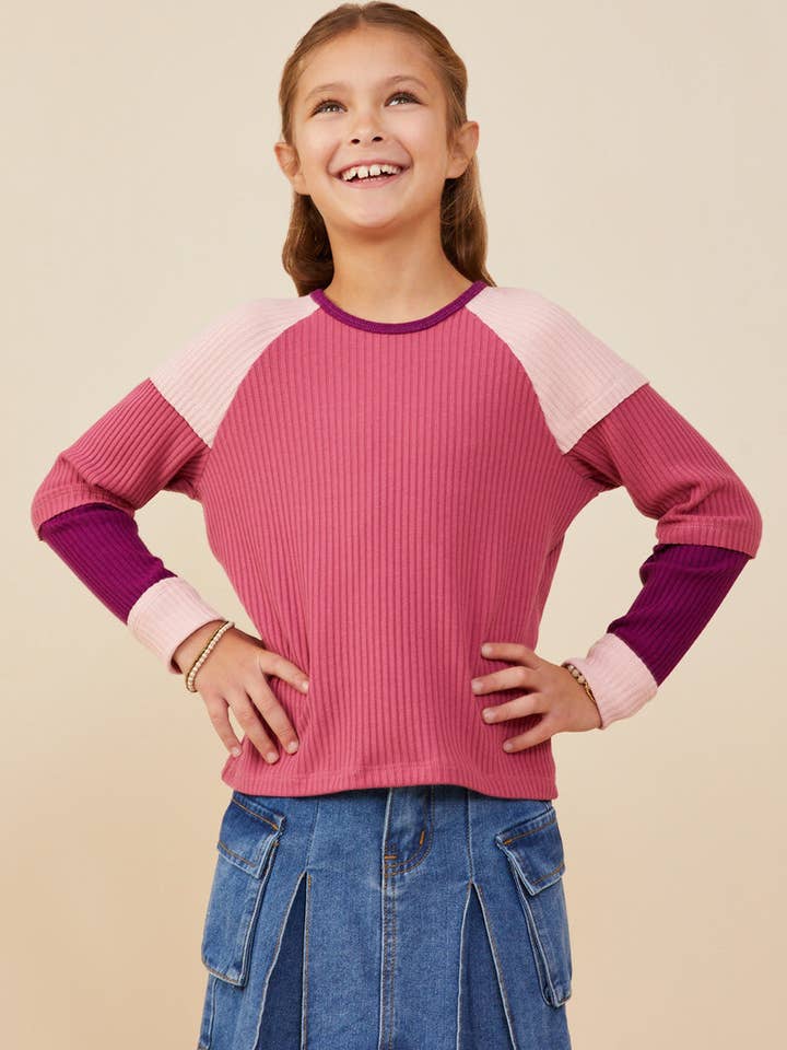 Girls Color Block Ribbed Knit Long Sleeve Top for wholesale by Hayden LA
