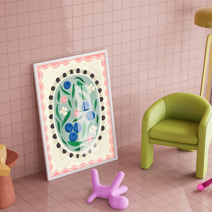 Kate Fox Design - Wholesale Art Print - Blueberry with border, Art print, Kitchen art, Â colourful