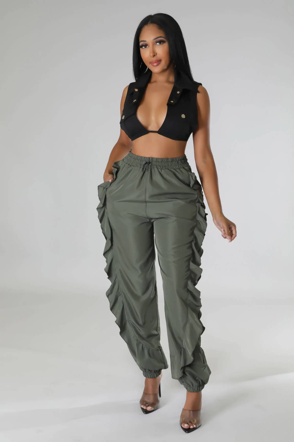 5besties inc - Wholesale Pants - Women's - DRAWSTRING WAIST RUFFLE SIDE CARGO PANTS13