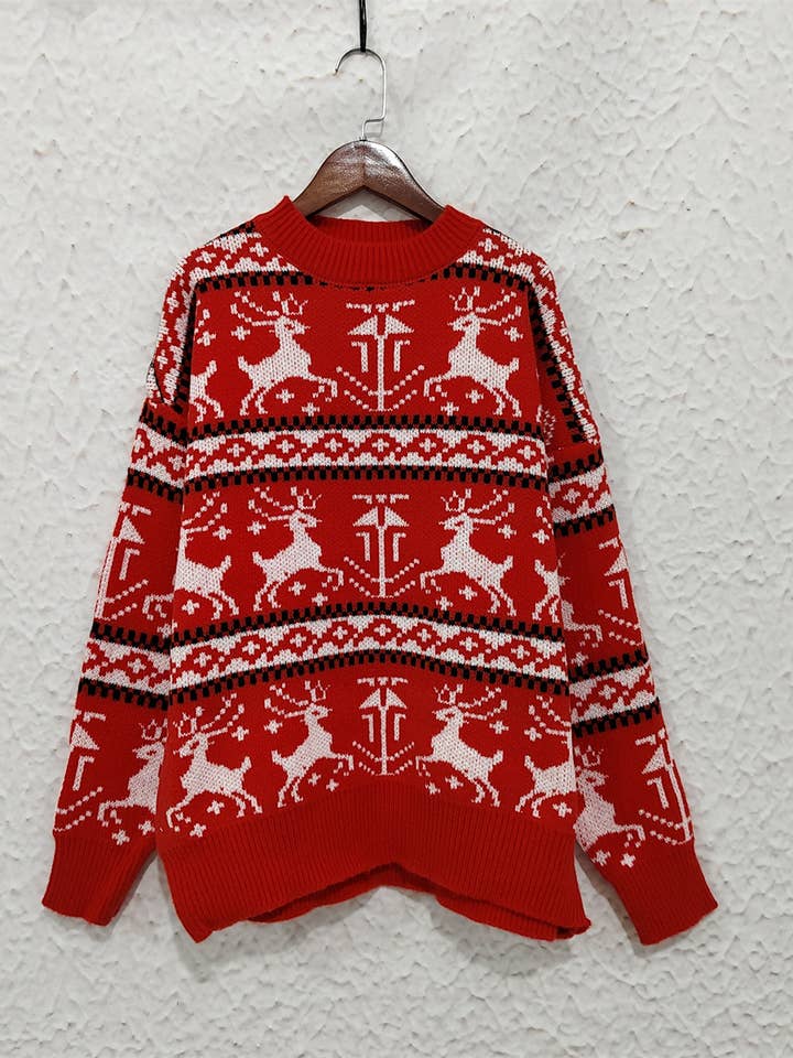 Red Christmas Crewneck Colour-Block Fawn Knitted Sweater for wholesale on Faire