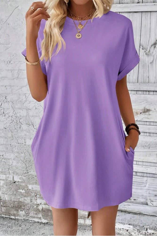 UNISHE - Wholesale Dress - Women's - Plain Fold Cuff Pockets Round Neck T-Shirt Dress ZK133310