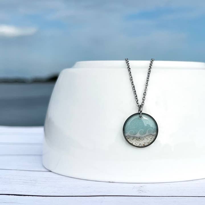 Custom Sand Necklace | Circle | Hand Painted Wave | Silver for wholesale by Sandy Beaches Shop