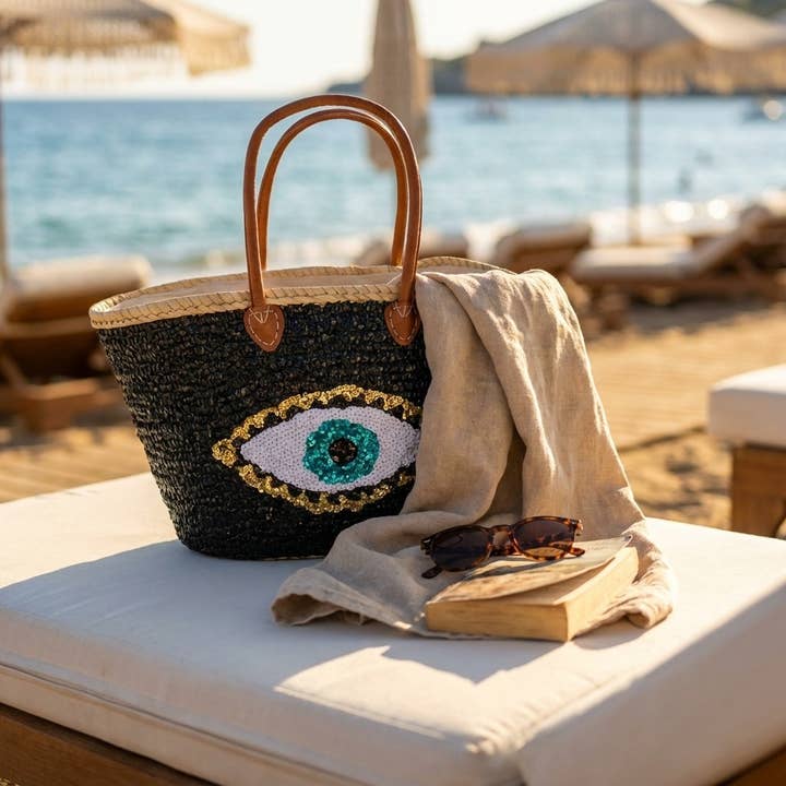 Melecraft - Vente Sac de plage - Sac fourre-tout en paille à sequins œil maléfique - Noir bohème plage6