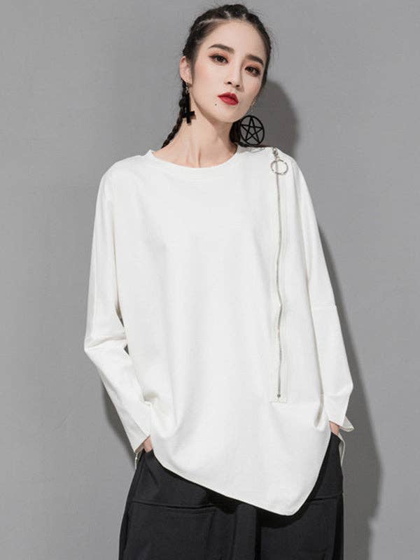 Sheer Trend - Wholesale Tunic - Women's - Black&White Asymmetric Zipper Split-Joint Loose T-Shirt Tops9
