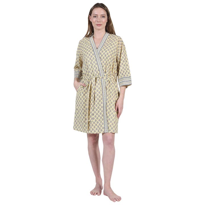 Envoltório de quimono de algodão estampado amarelo Paisley Block por atacado de La Cera