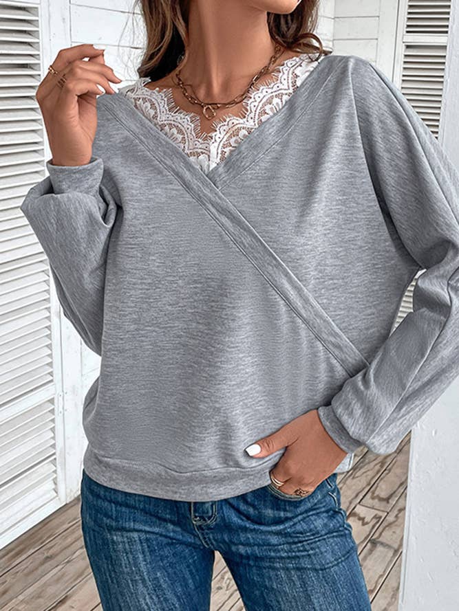 Grå V-ringad spetskant långärmad topp BFZY697 för wholesale av UNISHE