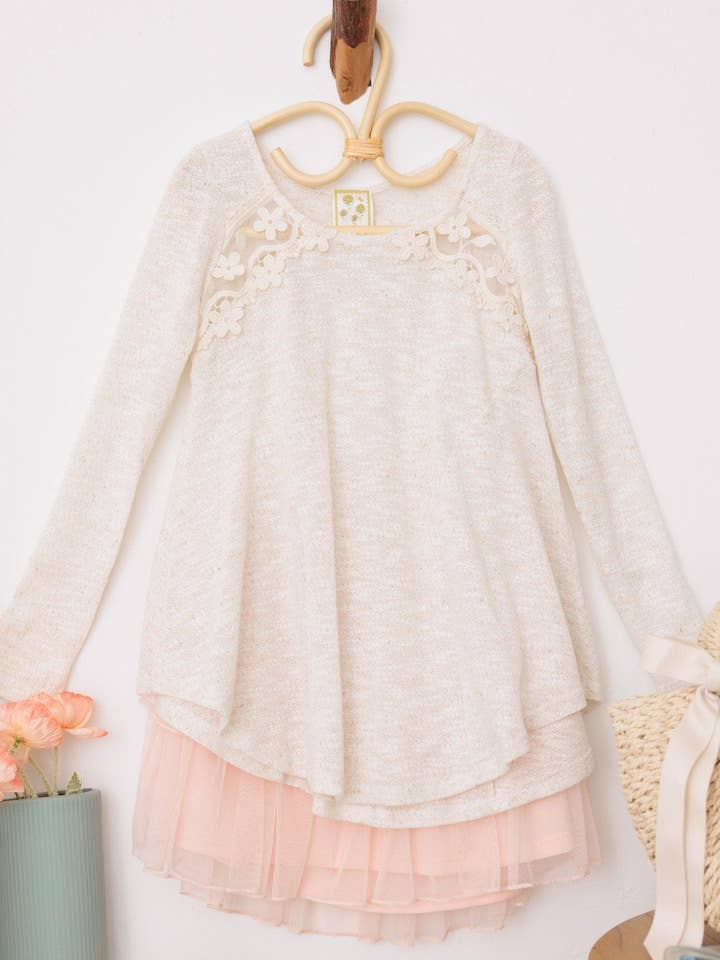 Oatmeal Girls Western Embroidered Lace Long Sleeve Top for wholesale on Faire1