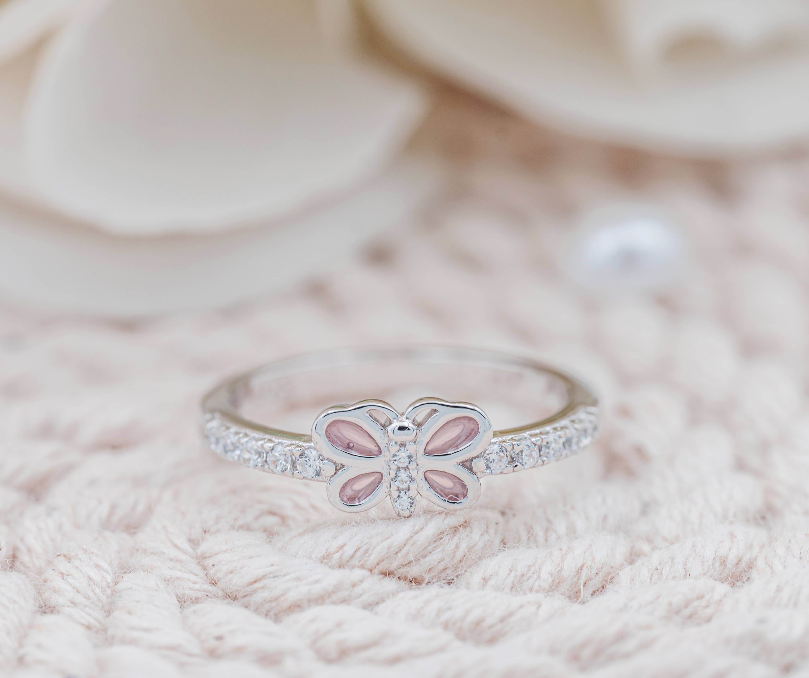 Cherished Moments - Wholesale Band/Stacked Ring - Kids Sterling Silver Pink Butterfly Baby Ring with CZs1