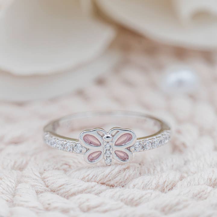 Cherished Moments - Wholesale Band/Stacked Ring - Kids Sterling Silver Pink Butterfly Baby Ring with CZs1