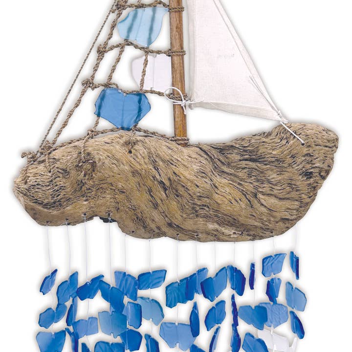 22" Bali Driftwood Boat Glass Wind Chime - 71331 for wholesale by Sunset Vista Designs