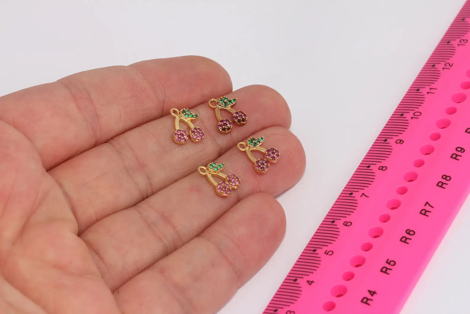 QueenJewelryM - Wholesale Individual Charm/Pendant - 24k Shiny Gold Plated Pave Cherry, Cherry Charms, MLS700