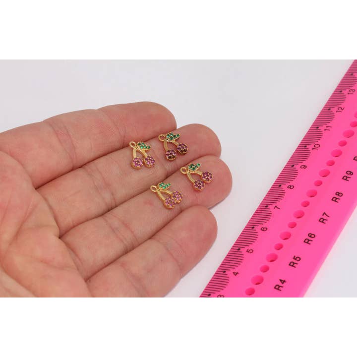 QueenJewelryM - Wholesale Individual Charm/Pendant - 24k Shiny Gold Plated Pave Cherry, Cherry Charms, MLS70