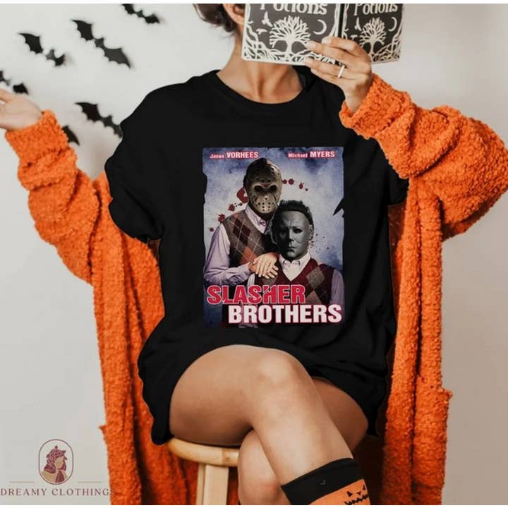 Black Michael Myers and Jason Voorhees Slasher Brothers Funny Shir for wholesale on Faire