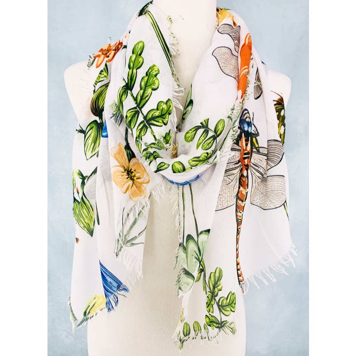 JC Sunny Fashion - Wholesale Scarf - Women's - White-Multi Dragonfly & Floral Scarf/Shawl