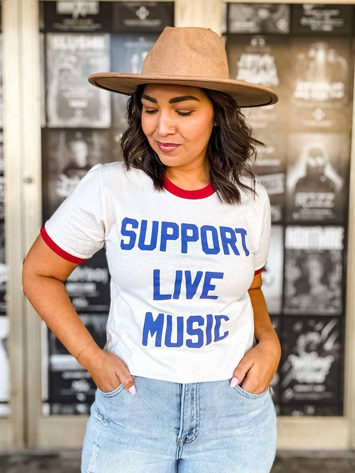 Mugsby - Wholesale Screen Printed T-Shirt - Women's - Support Live Music Vintage Ringer Shirt, Graphic Tee1