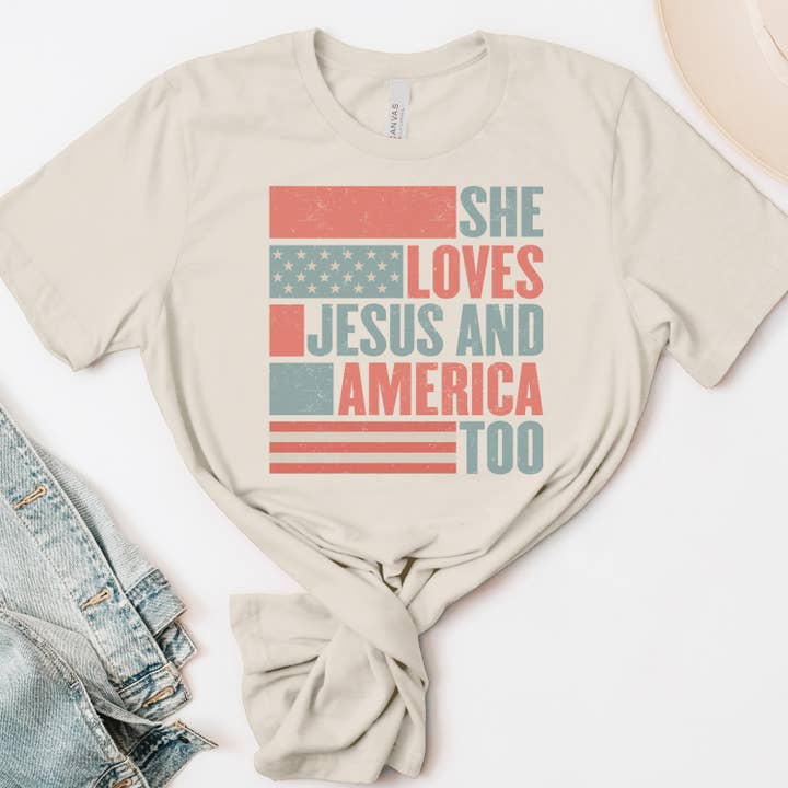 Par.tees by Party On! - Wholesale Screen Printed T-Shirt - Women's - She Loves Jesus and America Too USA Graphic Tee
