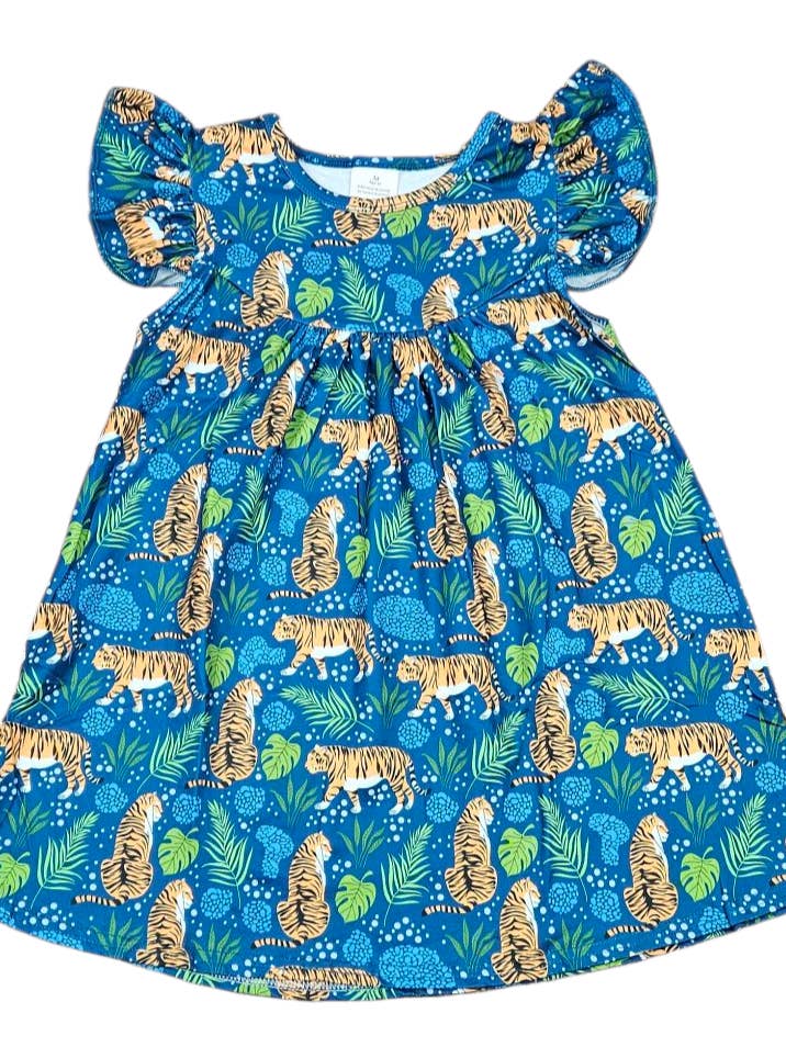 Blue Tropical Tiger Milk Silk Flutter Dress for wholesale by Great Lakes Kids Apparel