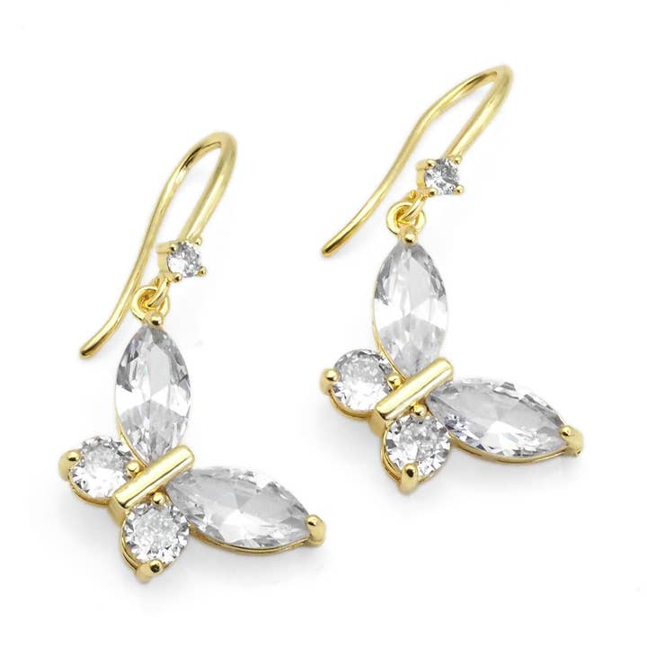 Boucles d'oreilles pendantes en forme de papillon en cristal doré et zircone cubique, Sku #LK840 pour la vente par BestBeads&Beyond