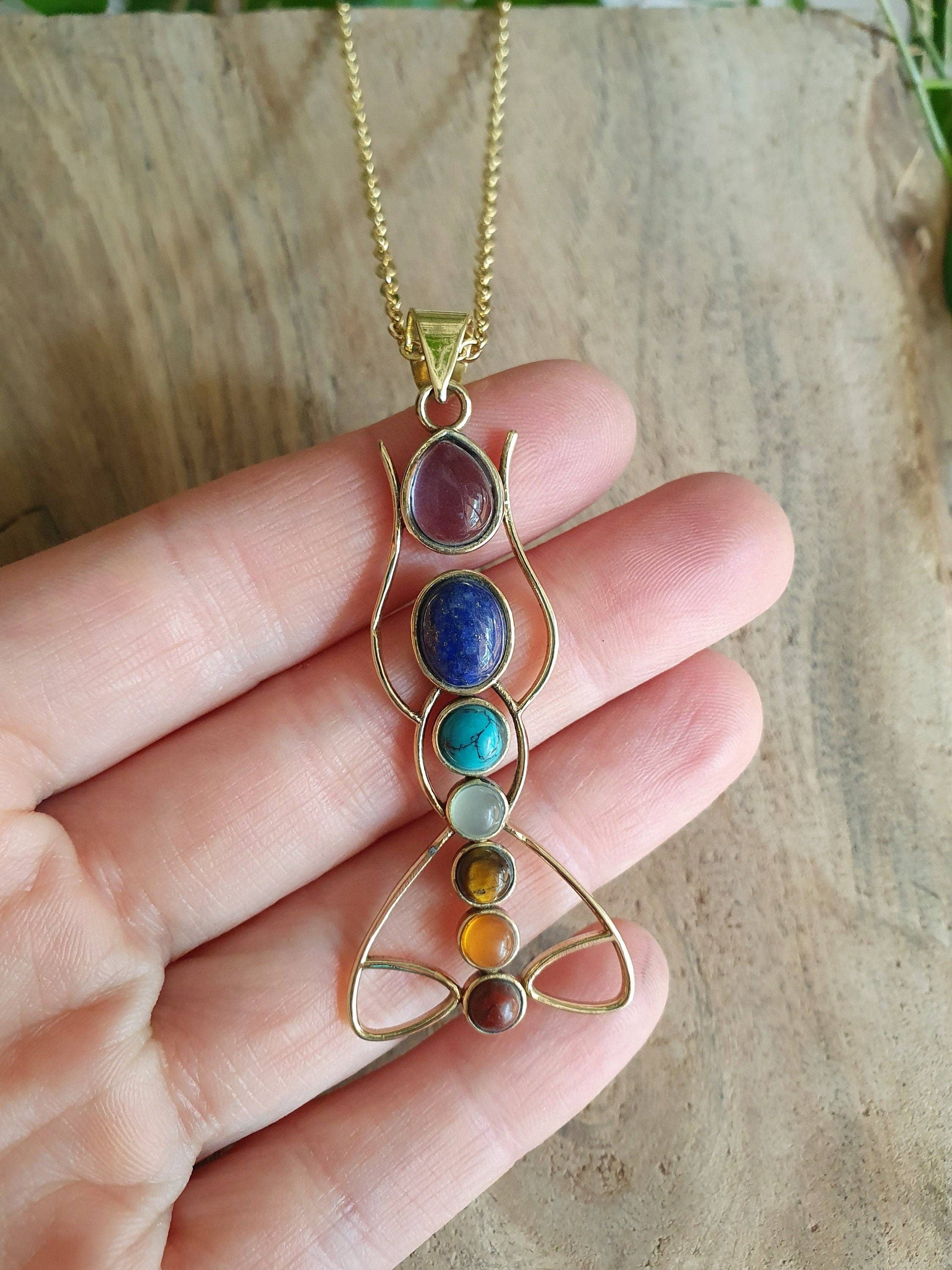 Kaali Boutique - Vente Colliers à pendentif - Collier Lotus 7 Chakras Or / Hypoallergénique / Yoga / Reiki / Bohème / Hippie / Rustique / Ethnique /6