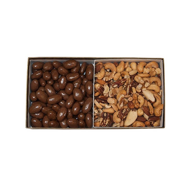 Deluxe Mixed Nuts & Milk Chocolate Almonds Gift Box for wholesale by Mound City Shelled Nut Co.
