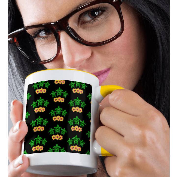 3dRose - Wholesale Coffee Mug - 3dRose, Pattern of three Honu tribal turtles and hibiscus flowers on black., Mug1