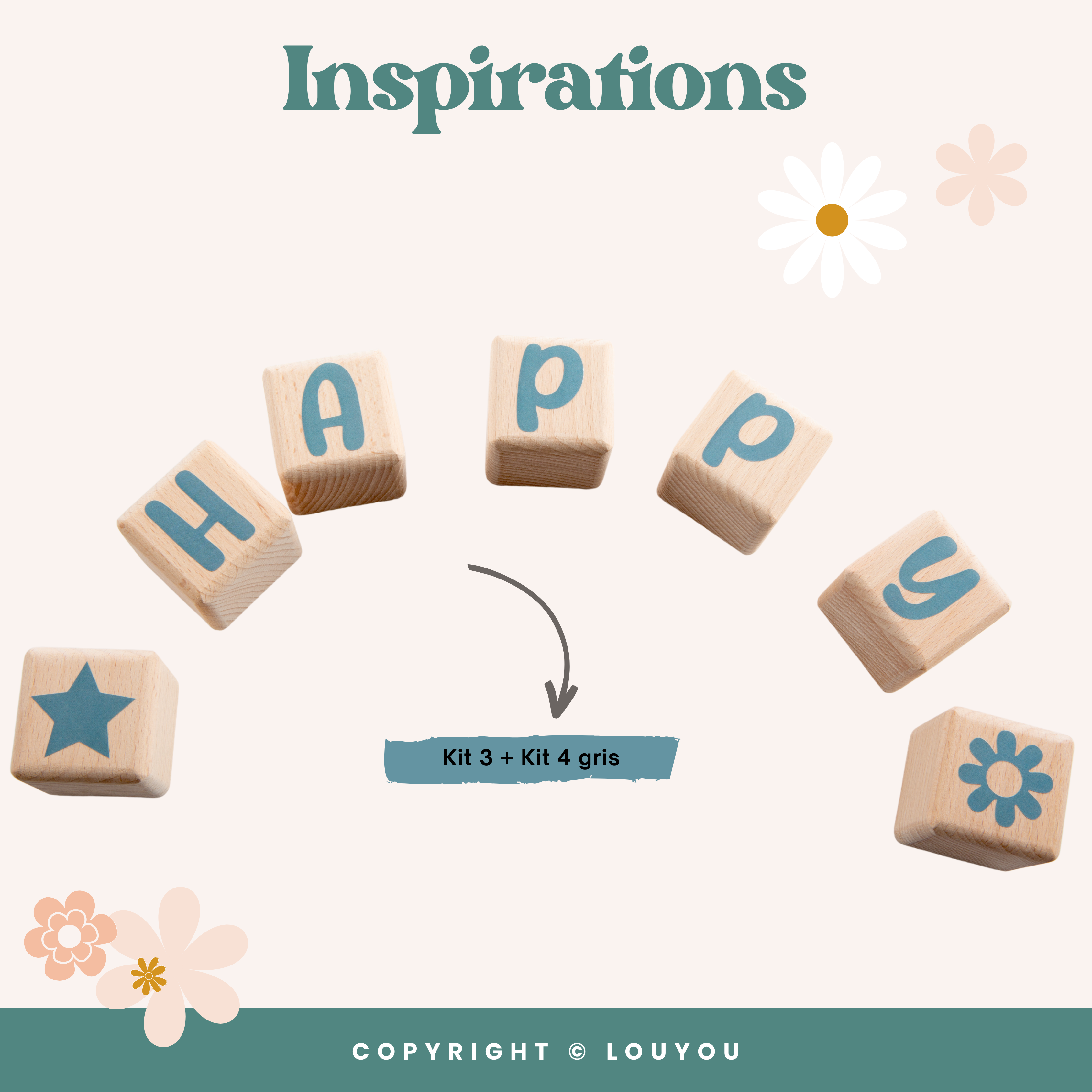 LouYou - Wholesale Christmas Decoration - Kids & Baby - 5 Beech Wood Cubes (5cm x 5cm) + 66 Gray Stickers9