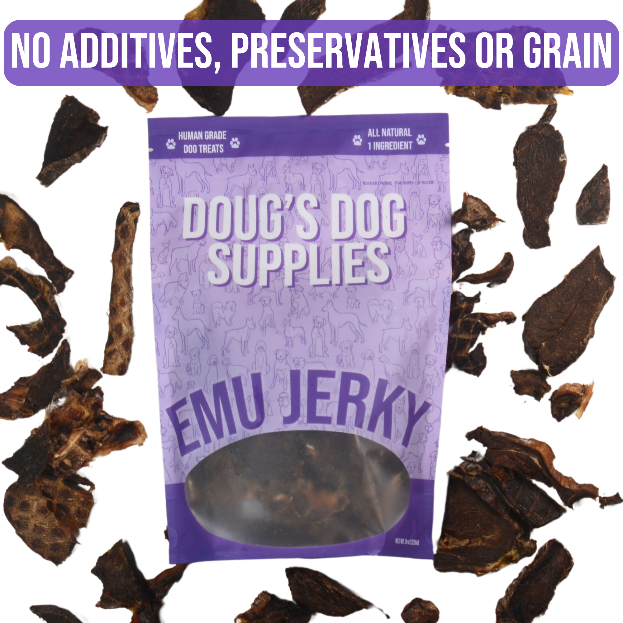 Doug's Dog Supplies – Engroshandel Godbid - Hund – Emu Jerky til Hunde | Enkelt Ingrediens | Lufttørret (8 oz)2