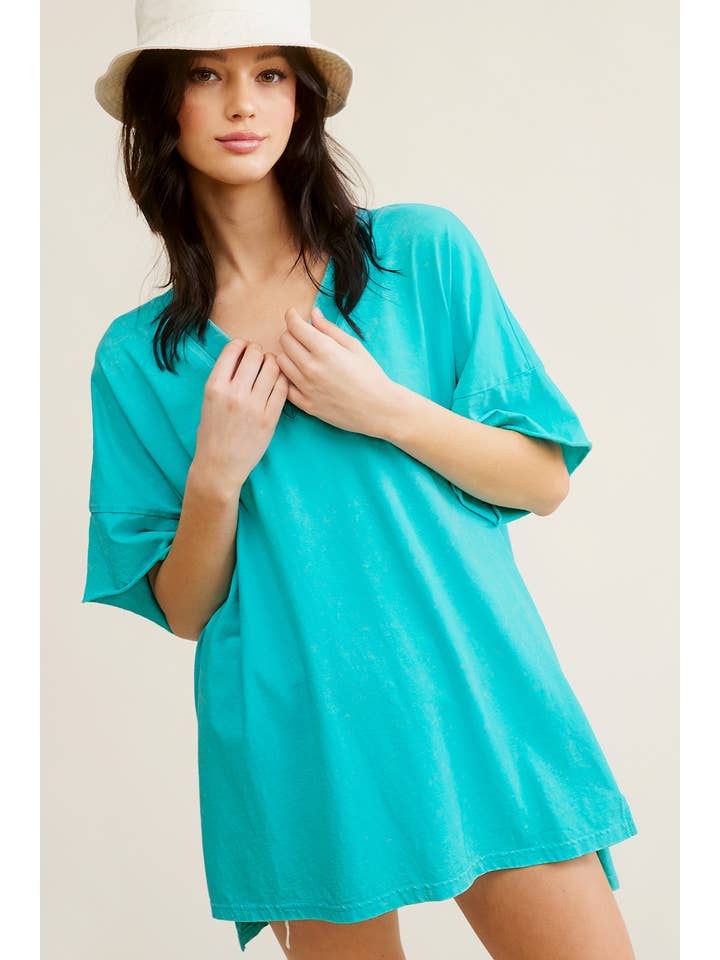 La Miel - Wholesale T-Shirt - Women's - MCT7691-Mineral Washed Boxy Deep V-Neck Short Sleeve Top22