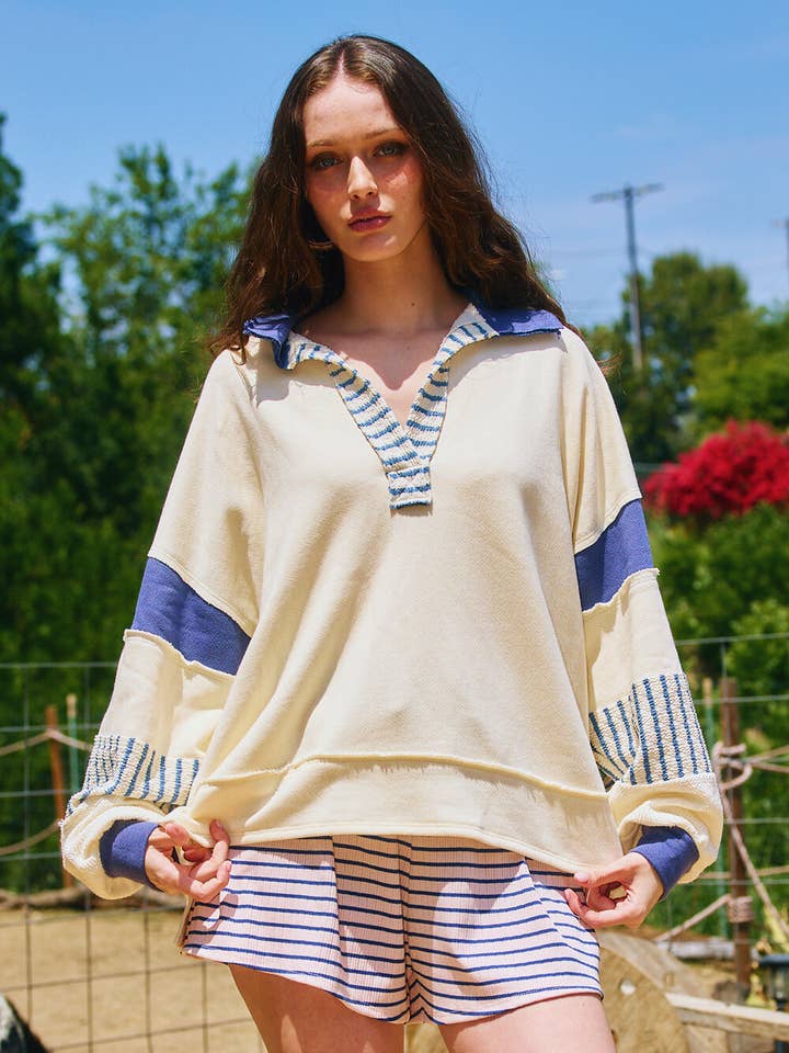 BUCKETLIST - Wholesale Tunic - Women's - T2004C French Terry Knit Color-block Collared Tunic Top26