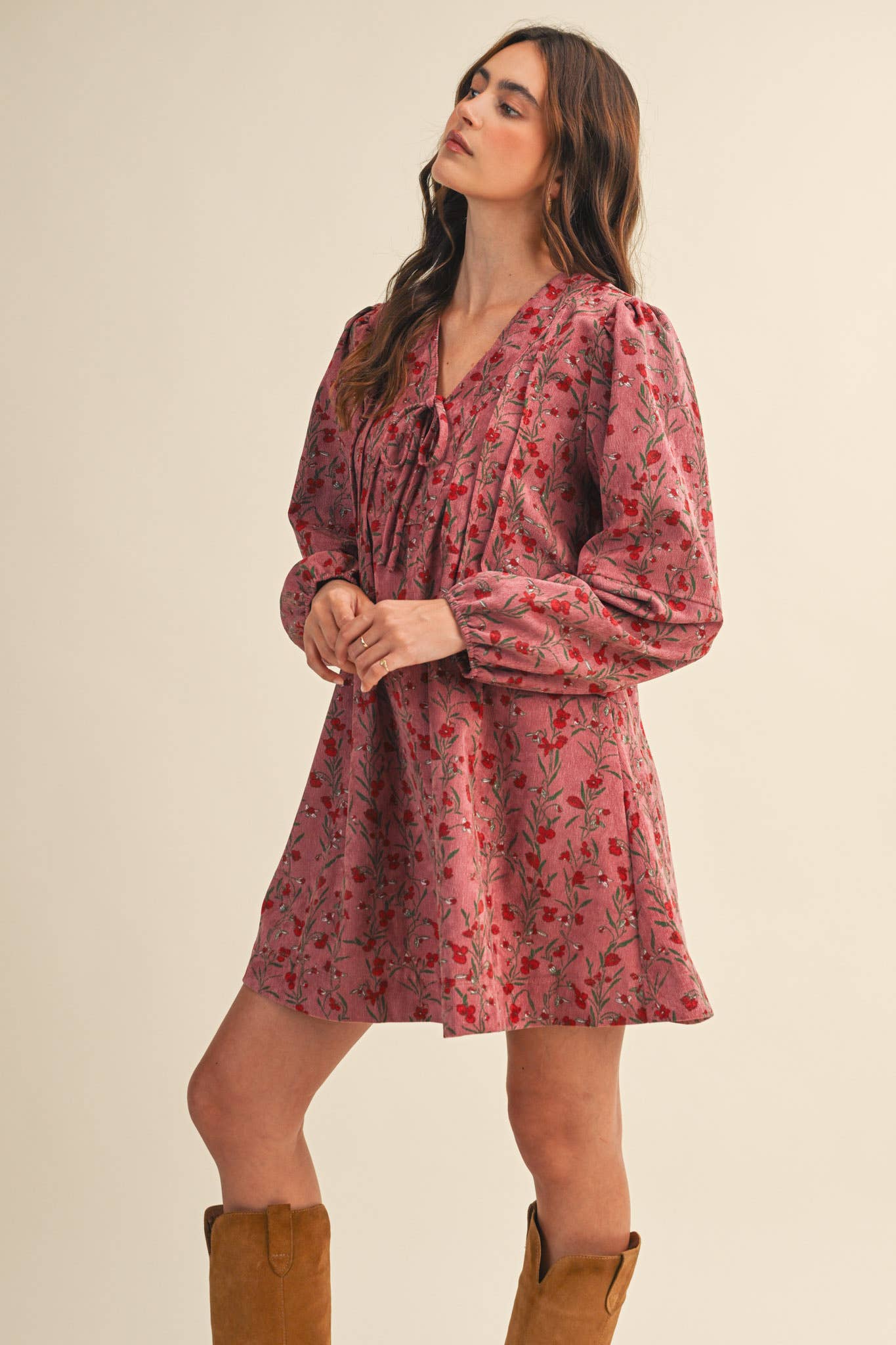&MERCI - Wholesale Dress - Women's - FLORAL CORDUROY MINI DRESS MDR440915