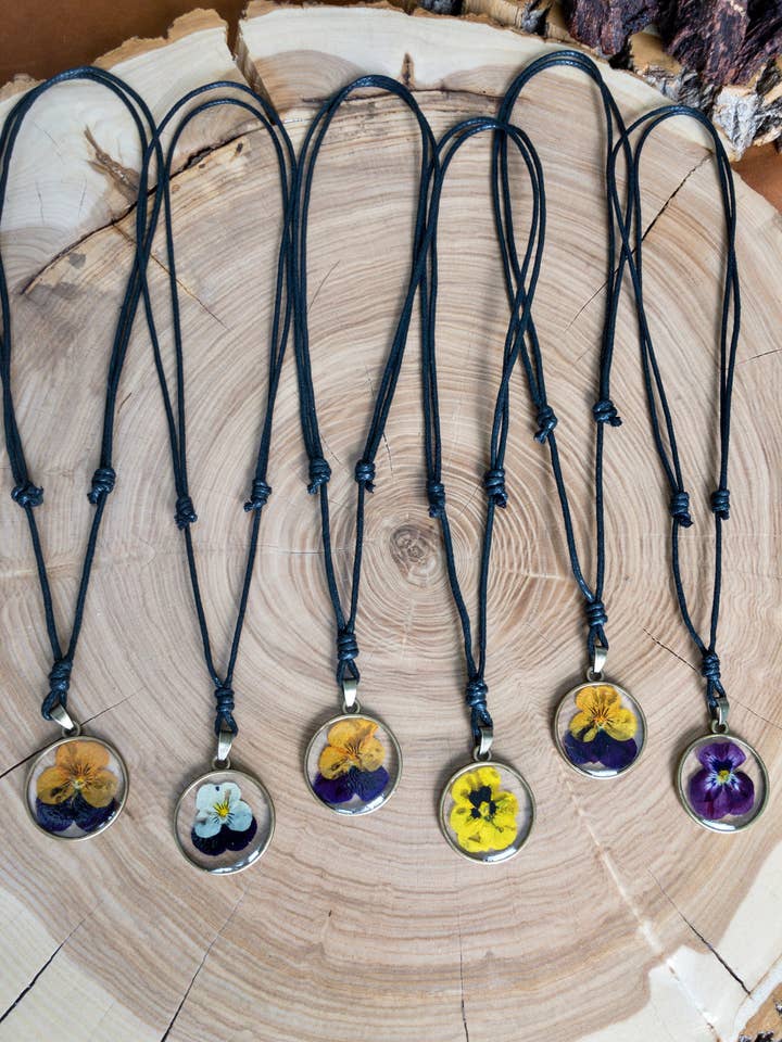 Pressed Pansy Necklace on Adjustable Hemp Cord for wholesale by Bee The Light Studios