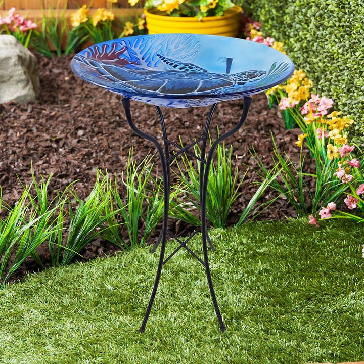 18" Glass Birdbath w/ Turtle w/ Metal Stand for wholesale by Alpine Corporation