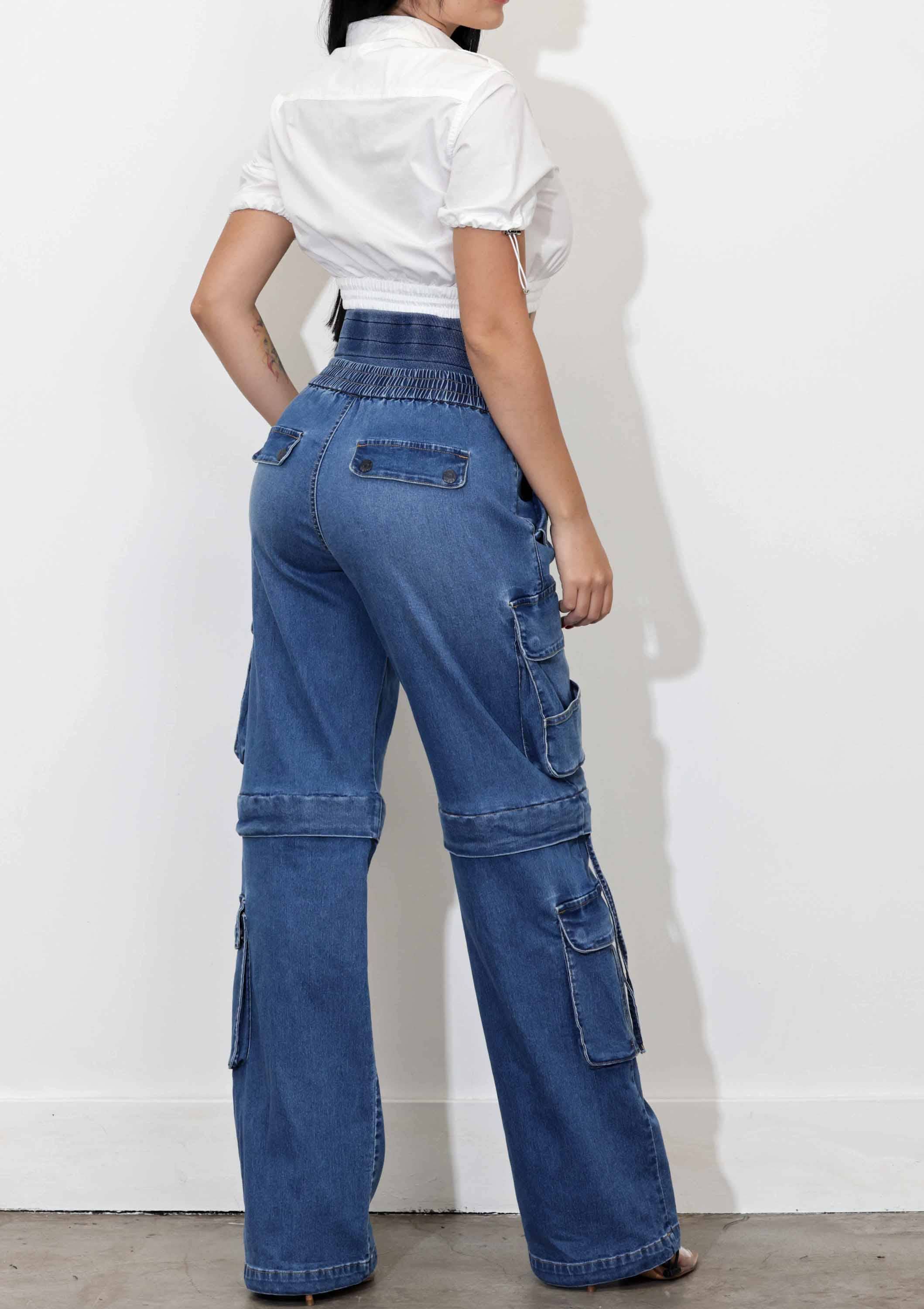 Medium Stone Convertible Baggycargojeans With Double Waist Band for wholesale on Faire2