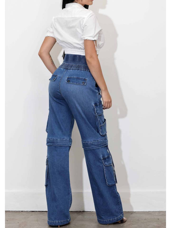 Medium Stone Convertible Baggycargojeans With Double Waist Band for wholesale on Faire2