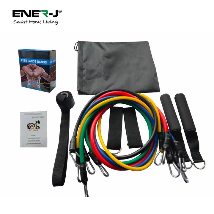 Conjunto de 11 bandas de resistencia para ejercicios en casa con asas de espuma, correas para tobillos y anclaje para puerta. para venta al por mayor de ENER-J