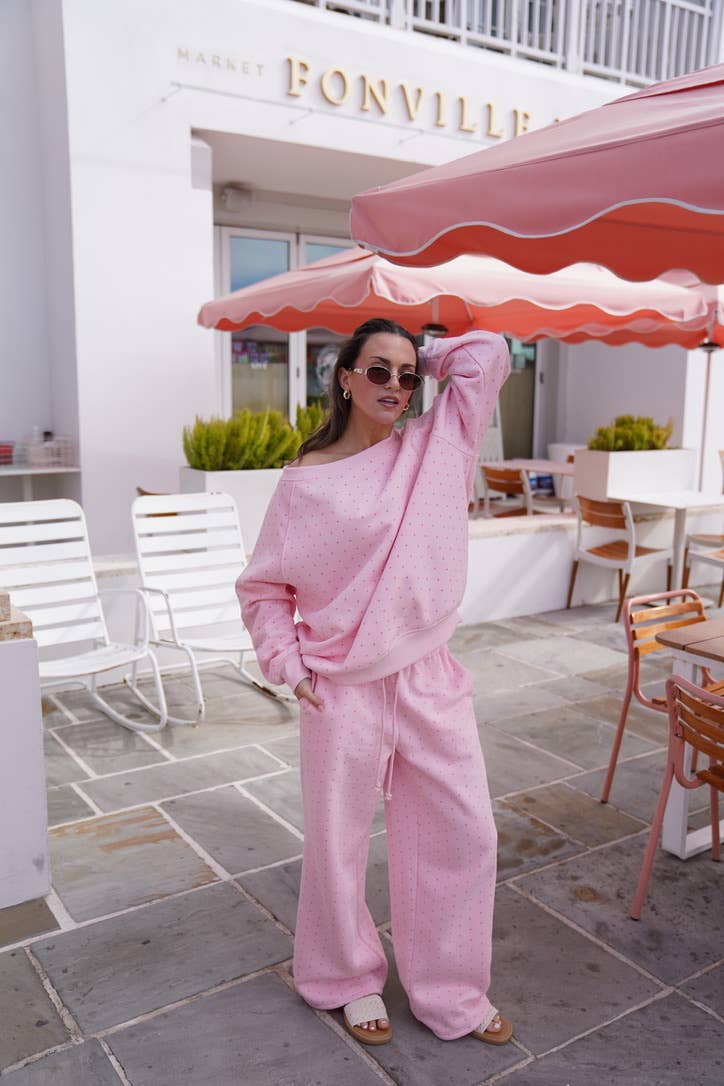 Sunkissed Coconut - Wholesale Sweatshirt - Women's - Light Pink Polka Dot Off The Shoulder Sweatshirt11