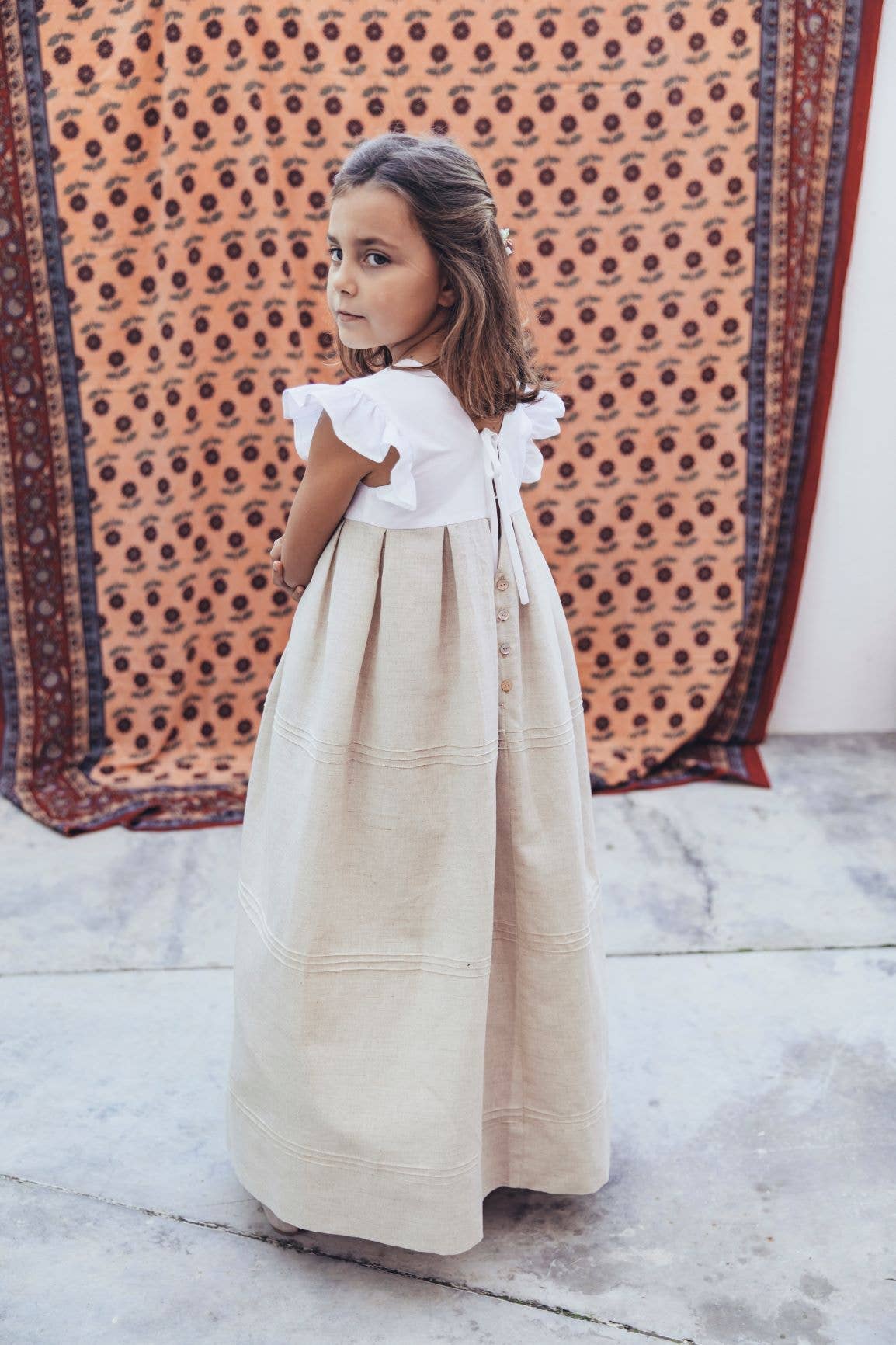 Nós e Tranças - Wholesale Jurk - Kinderen - Wit-beige lange jurk met ribstructuur0