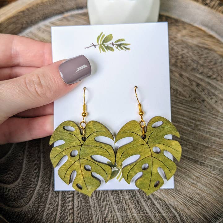 Stag and Branch - Wholesale Dangle Earrings - Monstera Wood Earrings | Monstera Deliciosa Dangle Earrings