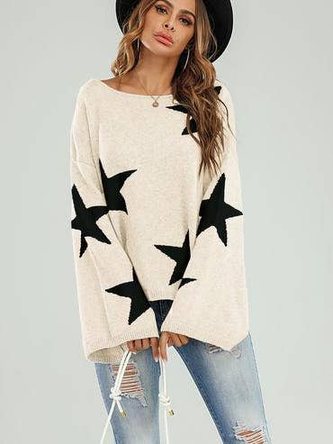 Wide Sleeve Oversize Cream Jumper With Black Star for wholesale by FS Collection (Germany)