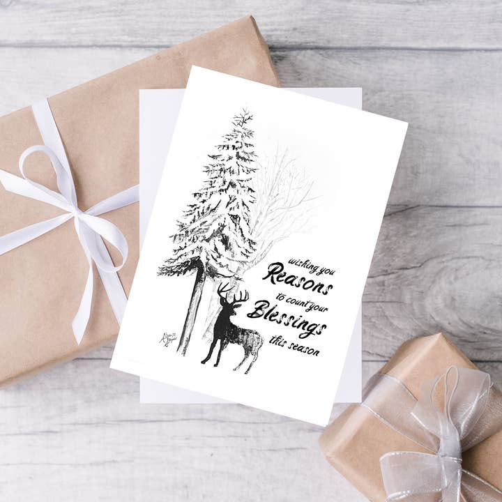 Deer & Snowy Pine Tree Aquarell Weihnachts- oder Weihnachtskarte für den Großhandel von Art Reflects Light