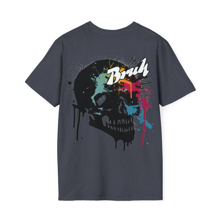 Bruh Graffiti Skull Shirt with Front and Back Design for wholesale by Quixotic Caverns Trading Company