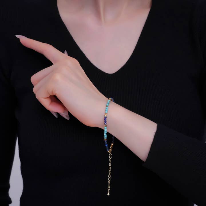 Aim Eternal - Wholesale Beaded Bracelet - 24K Gold Filled Lapis Lazuli Turquoise Gemstone 7.5 Inch Bracelet | WA-28843