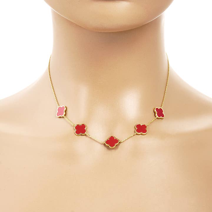 Fashion City - Wholesale Pendant/Charm Necklace - Gold-Dipped Linked Colored Clover Necklace3