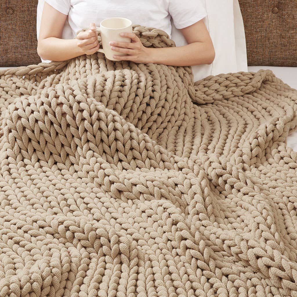 Olliix - Wholesale Throw Blanket - Handmade Chunky Double Knit Throw 50x60", Tan2
